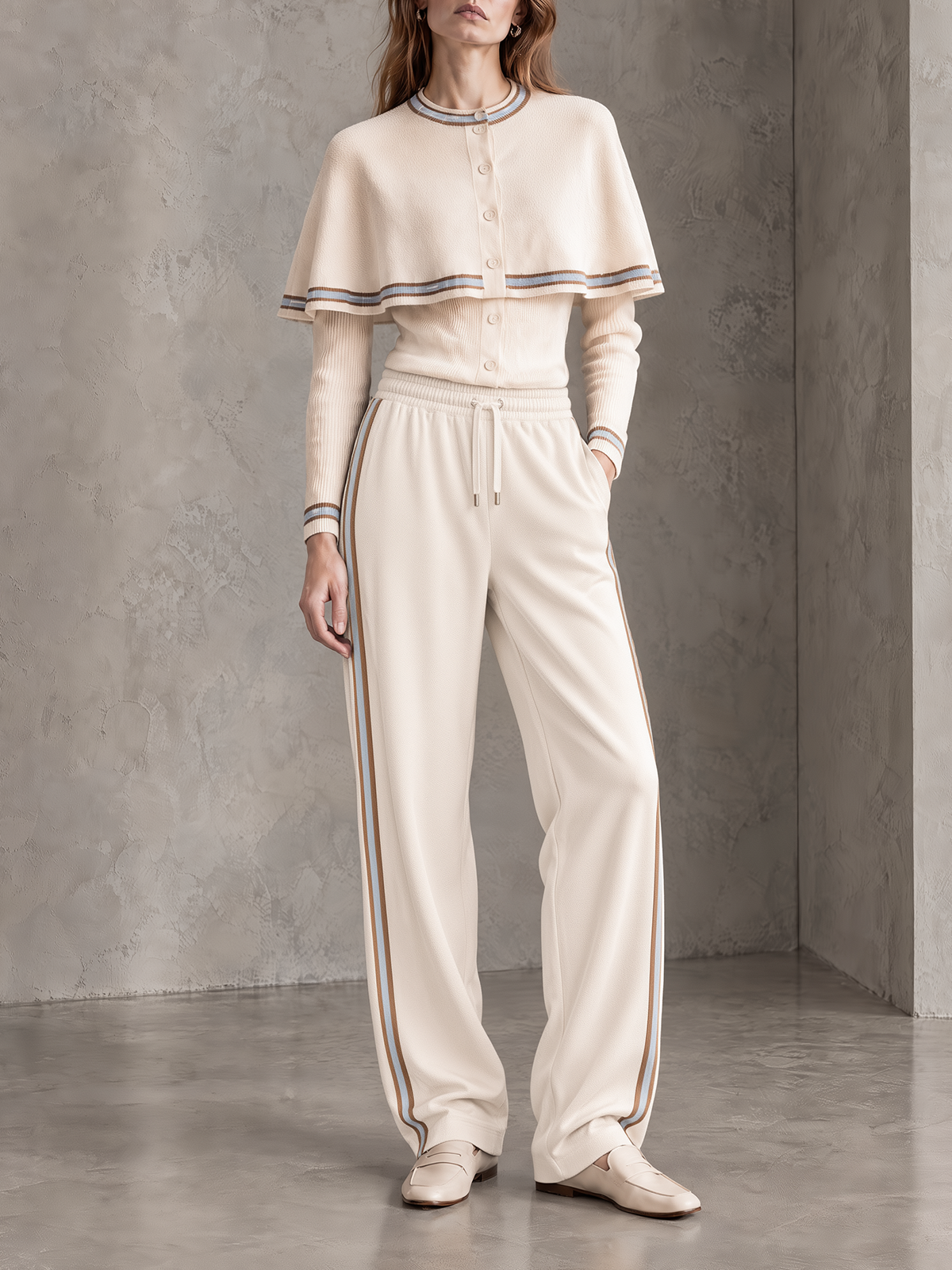 Ivory Cape Knit Cardigan & Side-Stripe Wide-Leg Pants Set