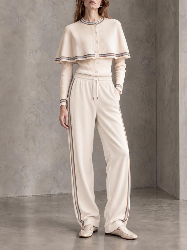 Ivory Cape Knit Cardigan & Side-Stripe Wide-Leg Pants Set