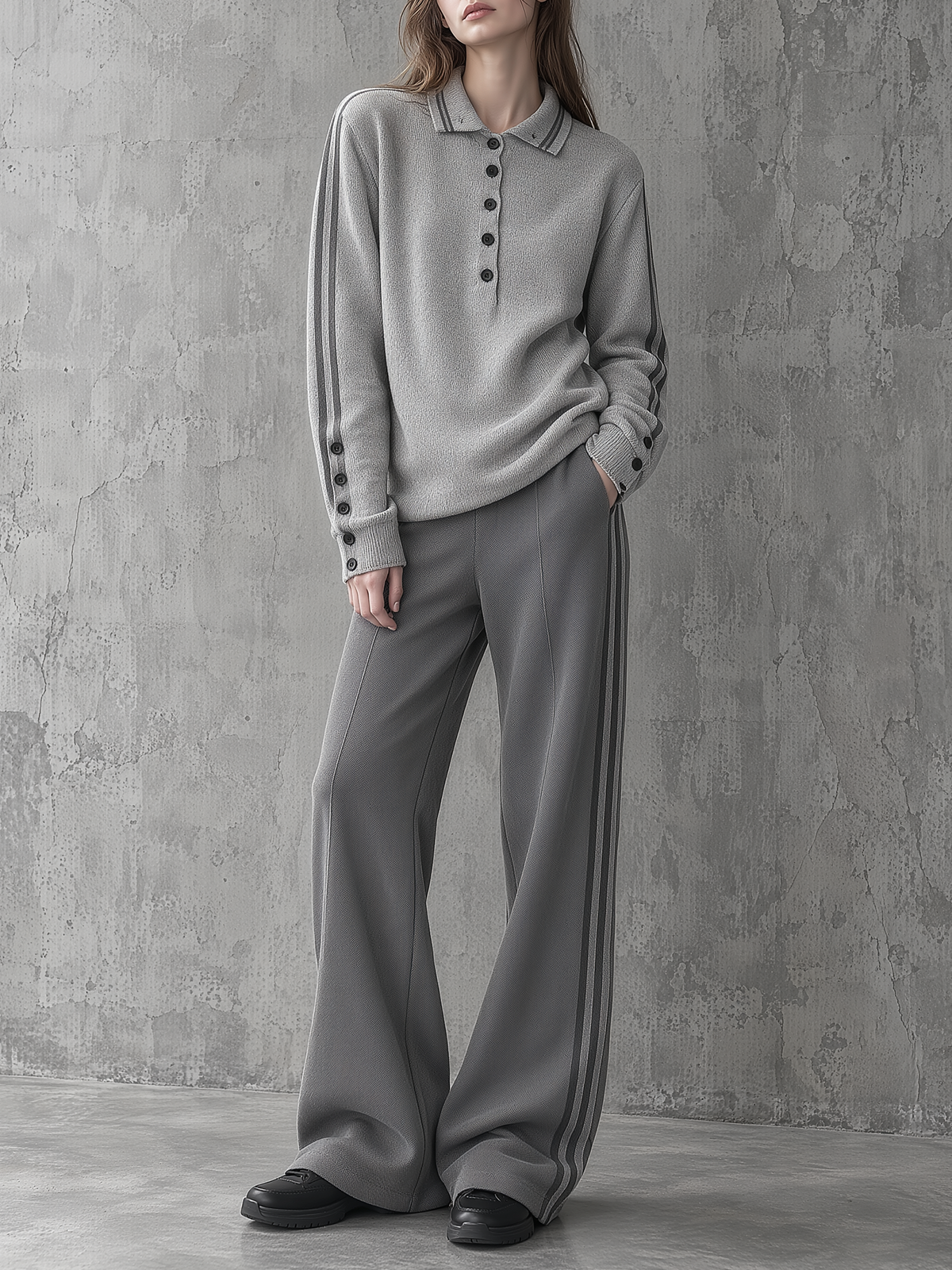 Grey Polo Knit Sweater & Side-Stripe Wide-Leg Pants Set