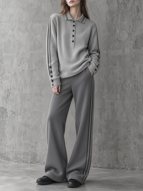Grey Polo Knit Sweater & Side-Stripe Wide-Leg Pants Set