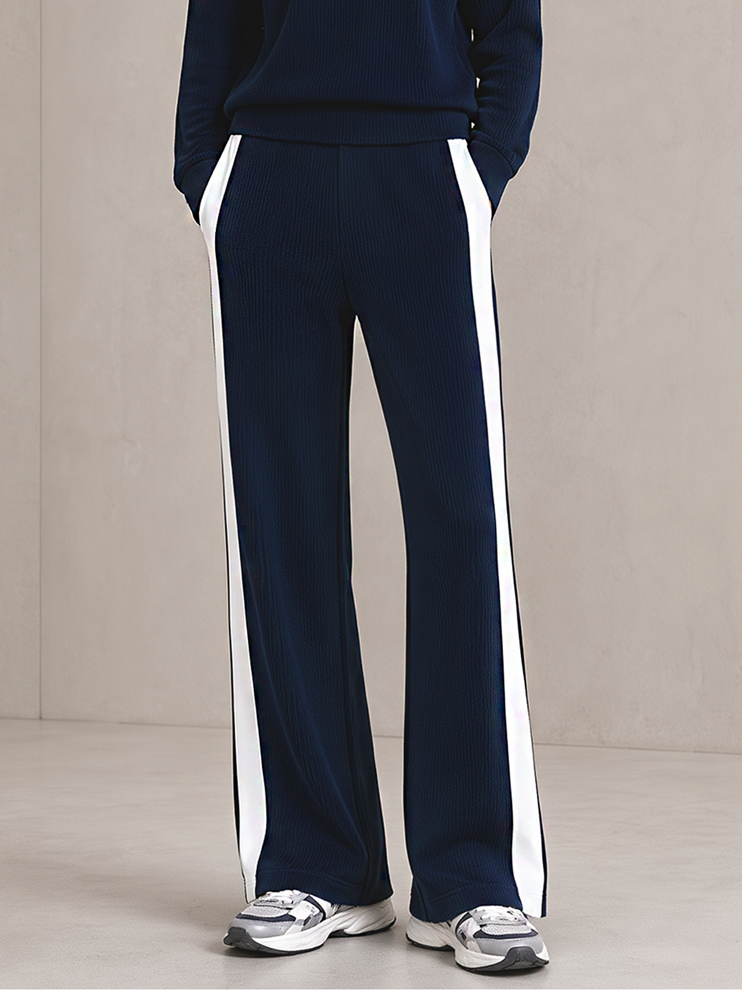 Stylish Navy Blue And White Color-block Wide-leg Trousers