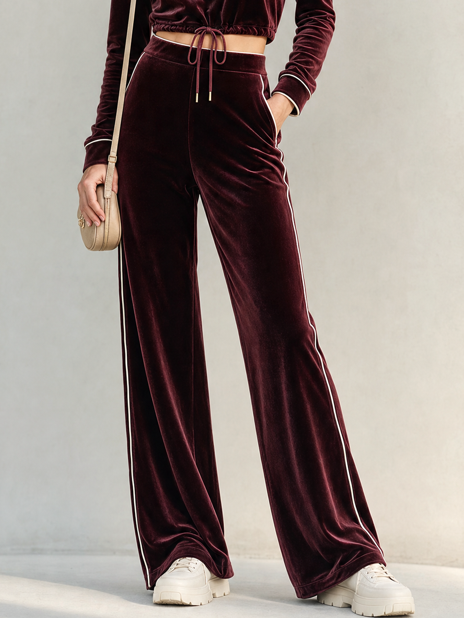 Burgundy Velvet Wide-leg Trousers With Color-blocking Details
