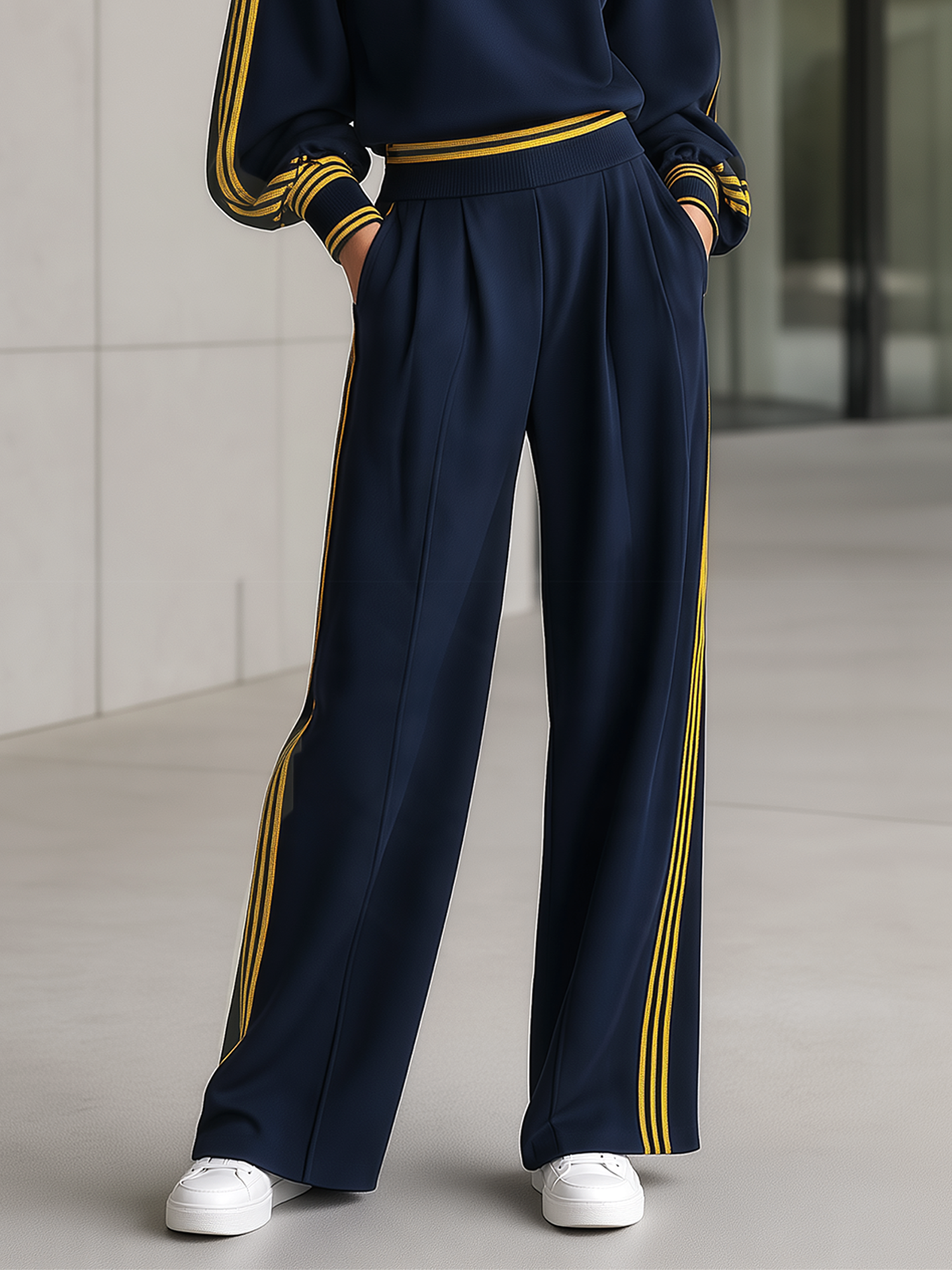 Navy Blue Color-Block Striped Loose Wide-Leg Trousers