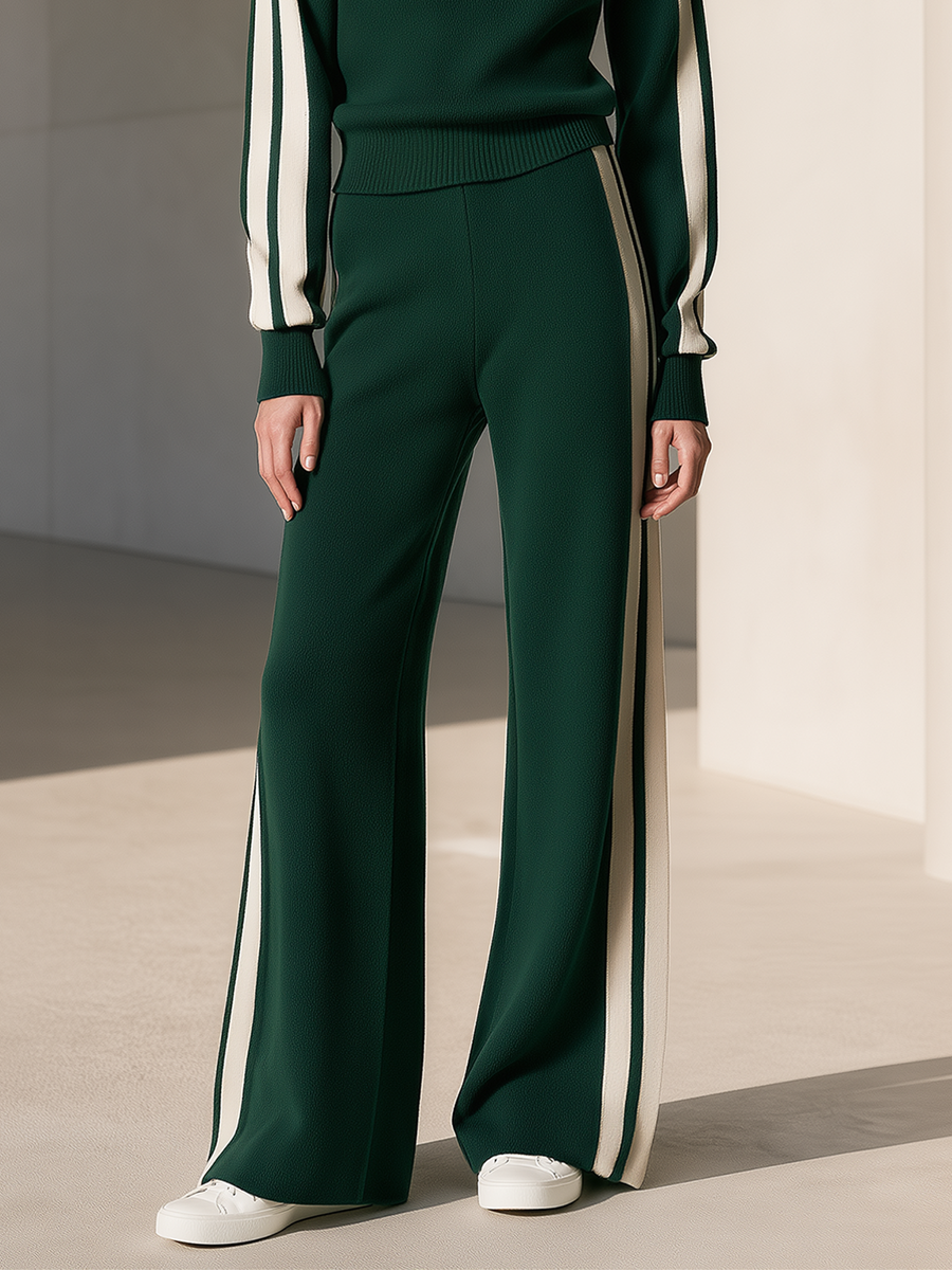 Dark Green And Cream Color-block Wide-leg Knit Trousers