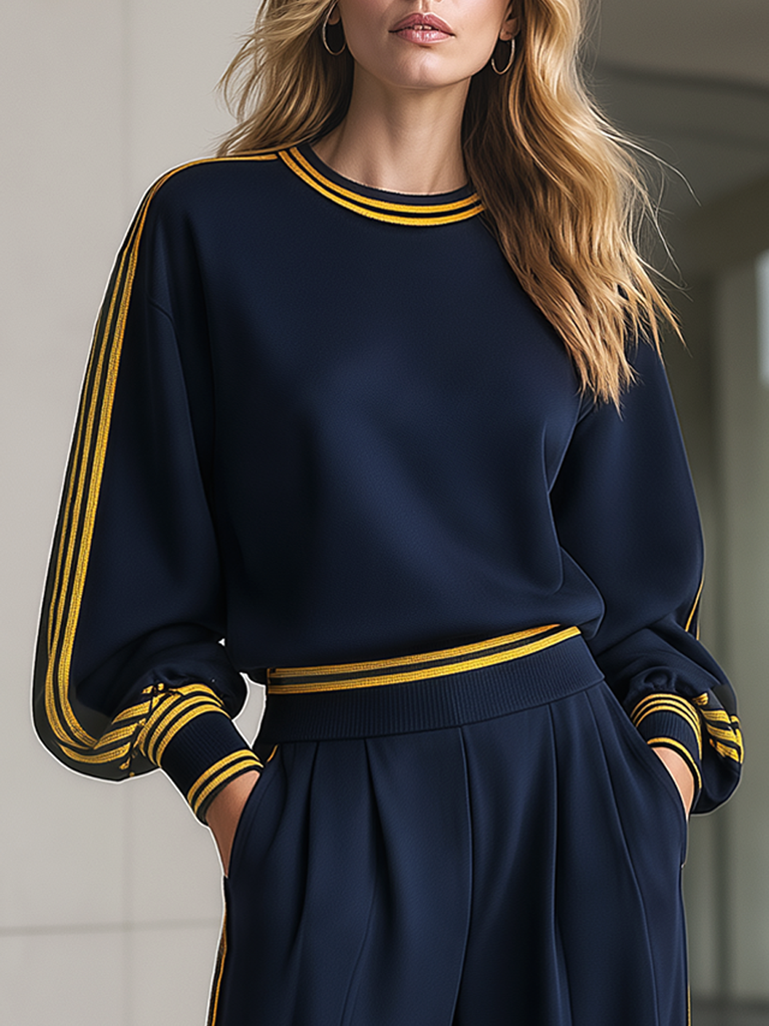 Navy Blue Color-Block Striped Crew-Neck Drop-Shoulder Top