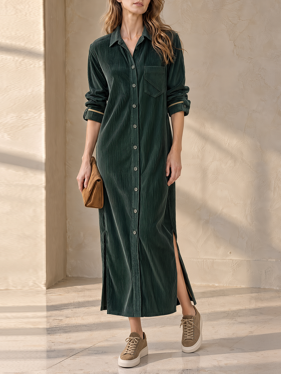 Dark Green Corduroy Long Sleeve Button-Up Maxi Shirt Dress