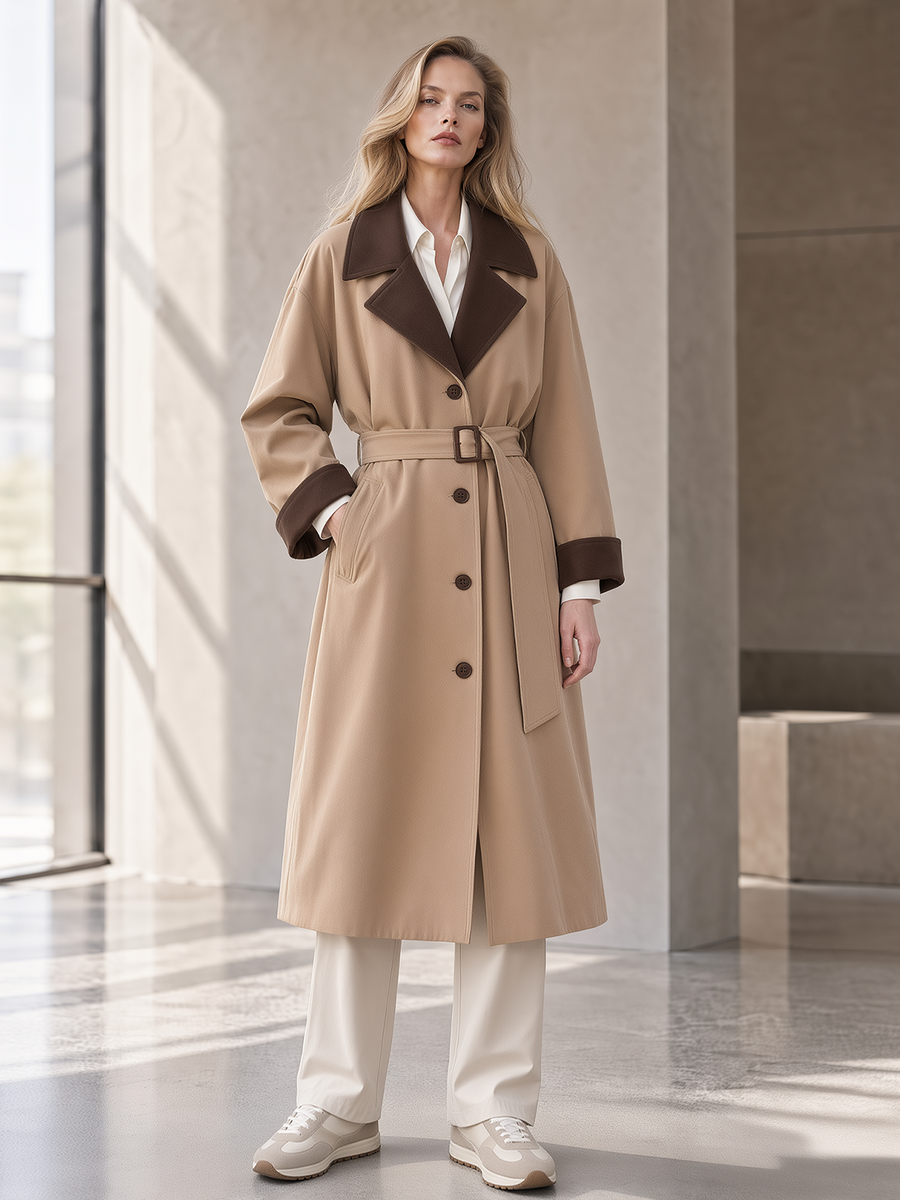 Khaki Long Casual Trench Coat With Contrasting Collar And Tie-Waist