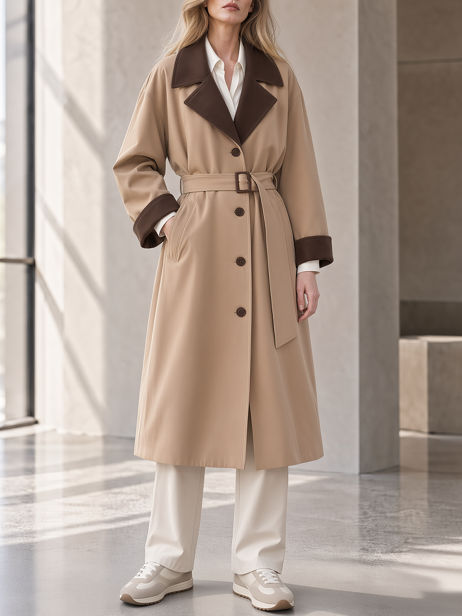 Khaki Long Casual Trench Coat With Contrasting Collar And Tie-Waist