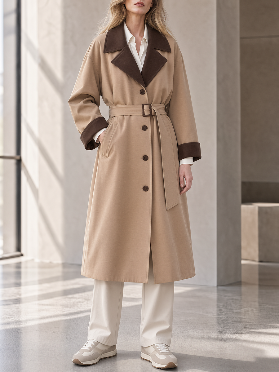 Khaki Long Casual Trench Coat With Contrasting Collar And Tie-Waist