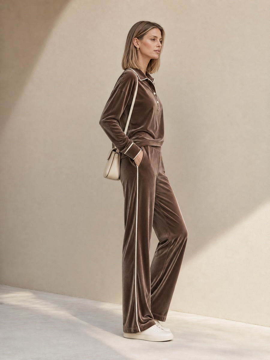 Women's Velvet-Trimmed Polo Shirt And Wide-Leg Pants Set