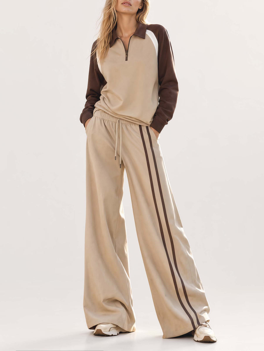 Sporty-chic Khaki Color-block Long-sleeve Half-zip Top And Wide-leg Pants Set