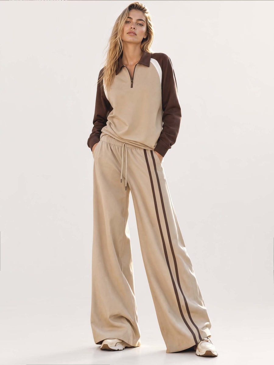 Sporty-chic Khaki Color-block Long-sleeve Half-zip Top And Wide-leg Pants Set