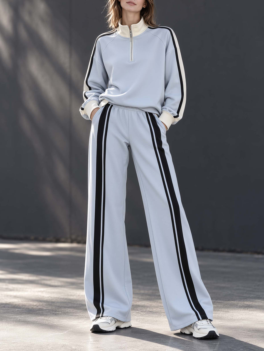 Light Blue Color-Block Long-Sleeve Half-Zip Top And Pants Fashion Set