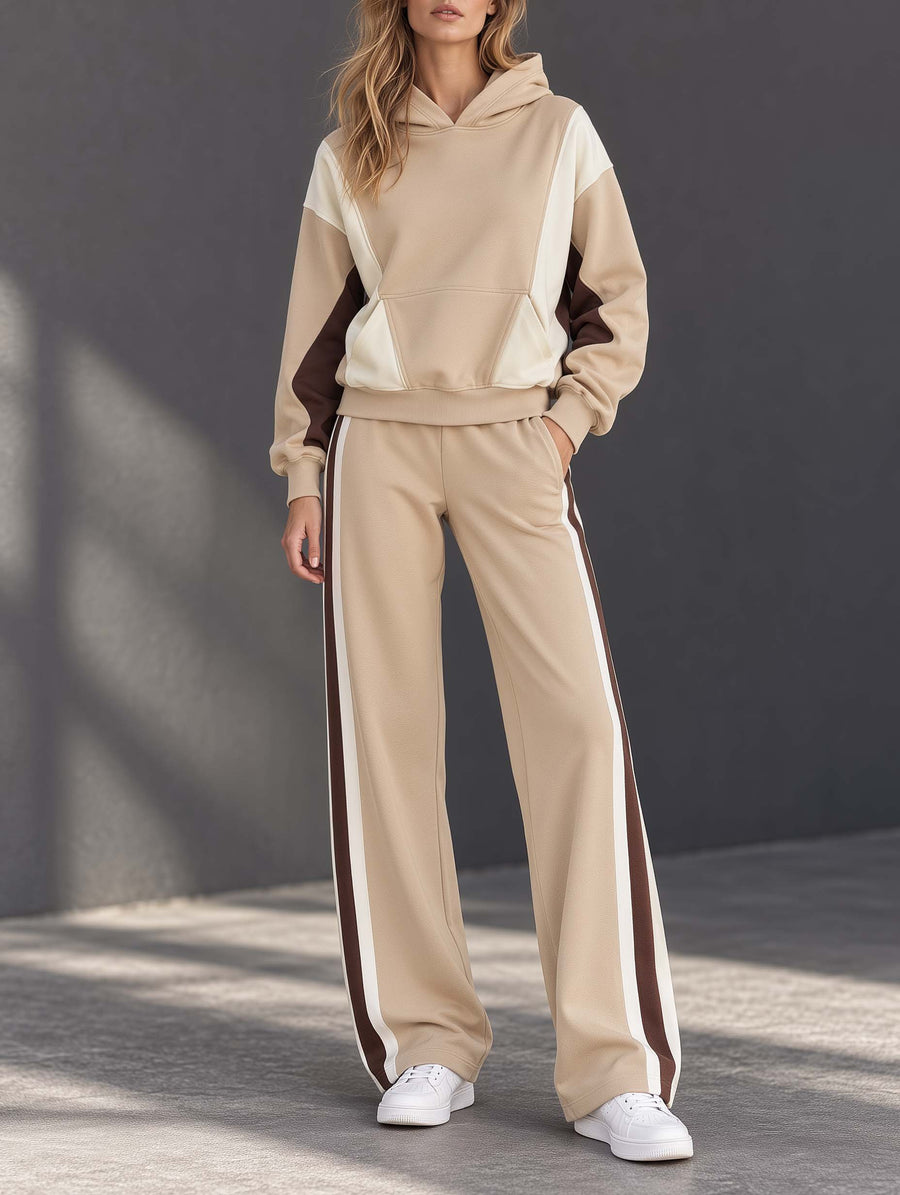 Sporty-chic Khaki Color-block Long-sleeve Hoodie And Pants Set