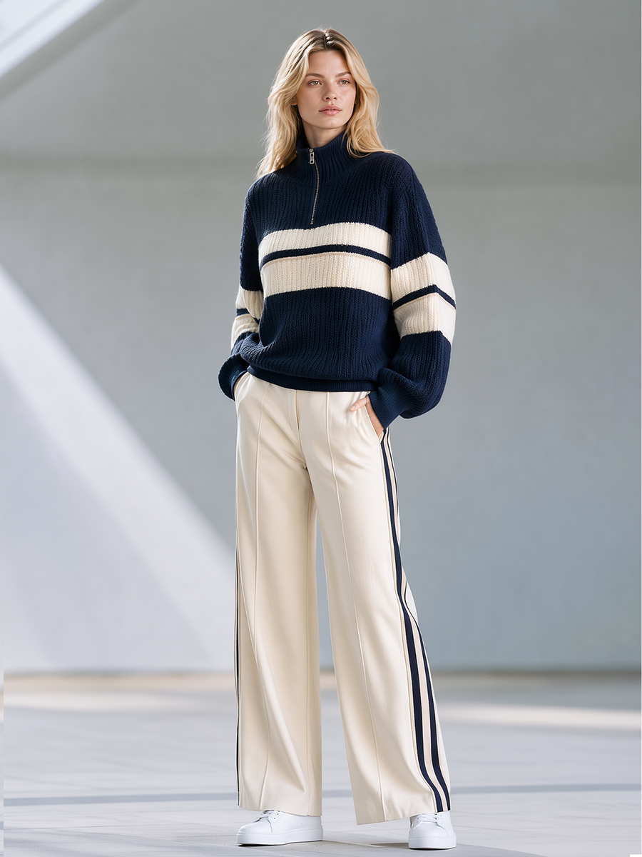 Navy Blue Color-block Striped Half-zip Sweater Paired With Beige Wide-leg Trousers