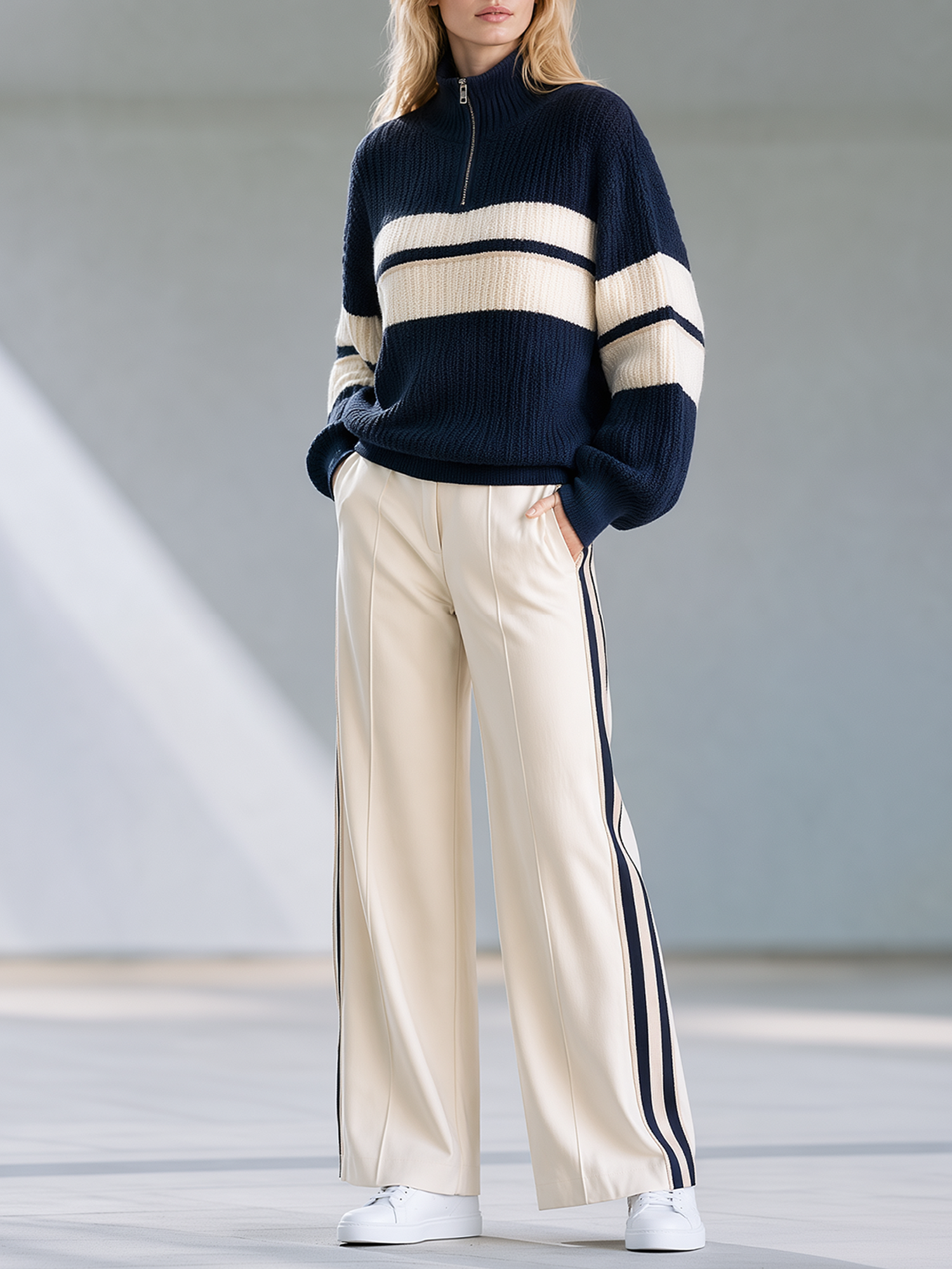 Navy Blue Color-block Striped Half-zip Sweater Paired With Beige Wide-leg Trousers