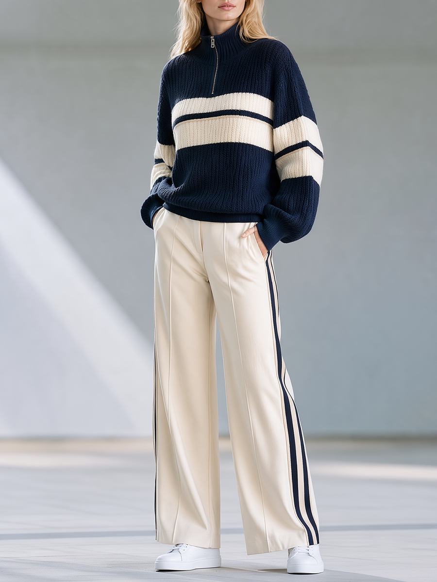 Navy Blue Color-block Striped Half-zip Sweater Paired With Beige Wide-leg Trousers