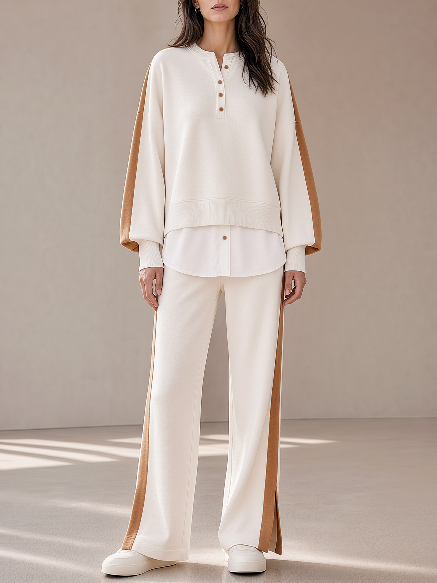 Off-white Color Block Fake Two-piece Sweatshirt With Side Split Wide-Leg Pants Set