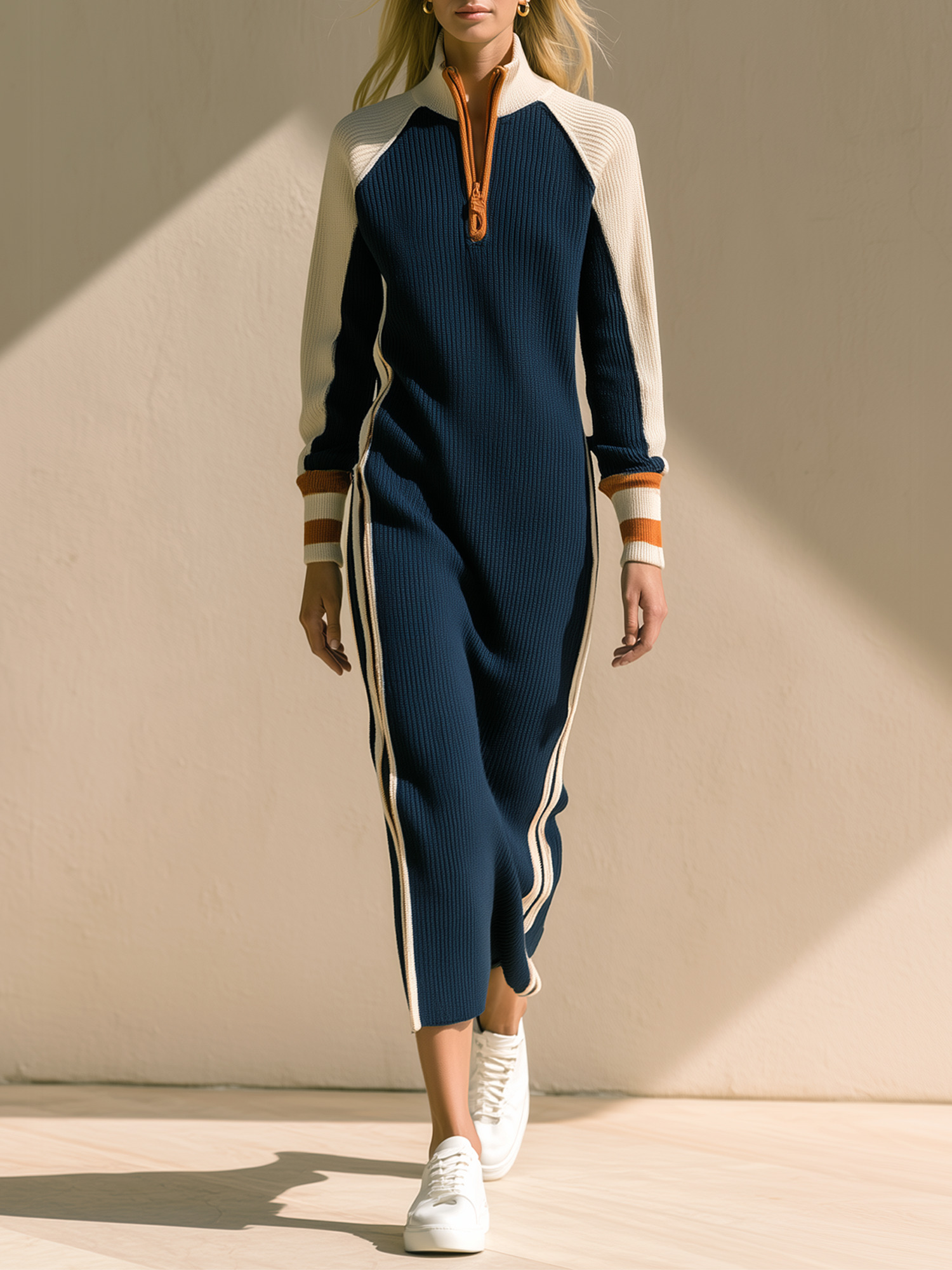 Navy Color-block Raglan-sleeve Long Knit Dress With Half-zip