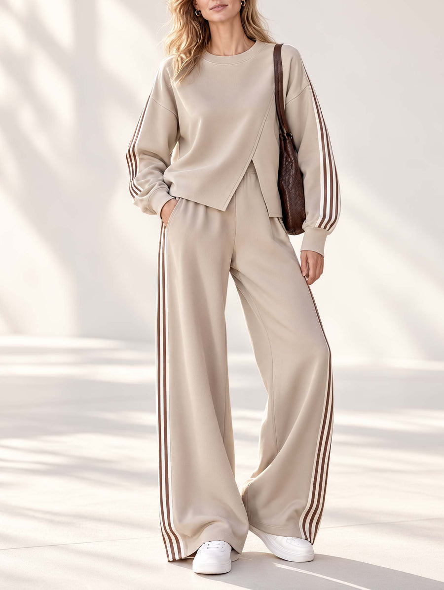 Stylish Casual Khaki Long-Sleeve Slit Top And Wide-Leg Pants Set