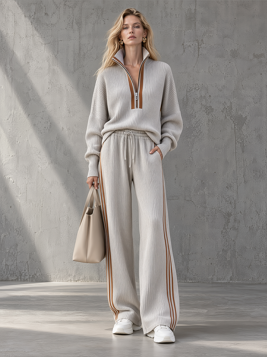 Oatmeal Half-Zip Knit Top & Side-Stripe Wide-Leg Pants Set