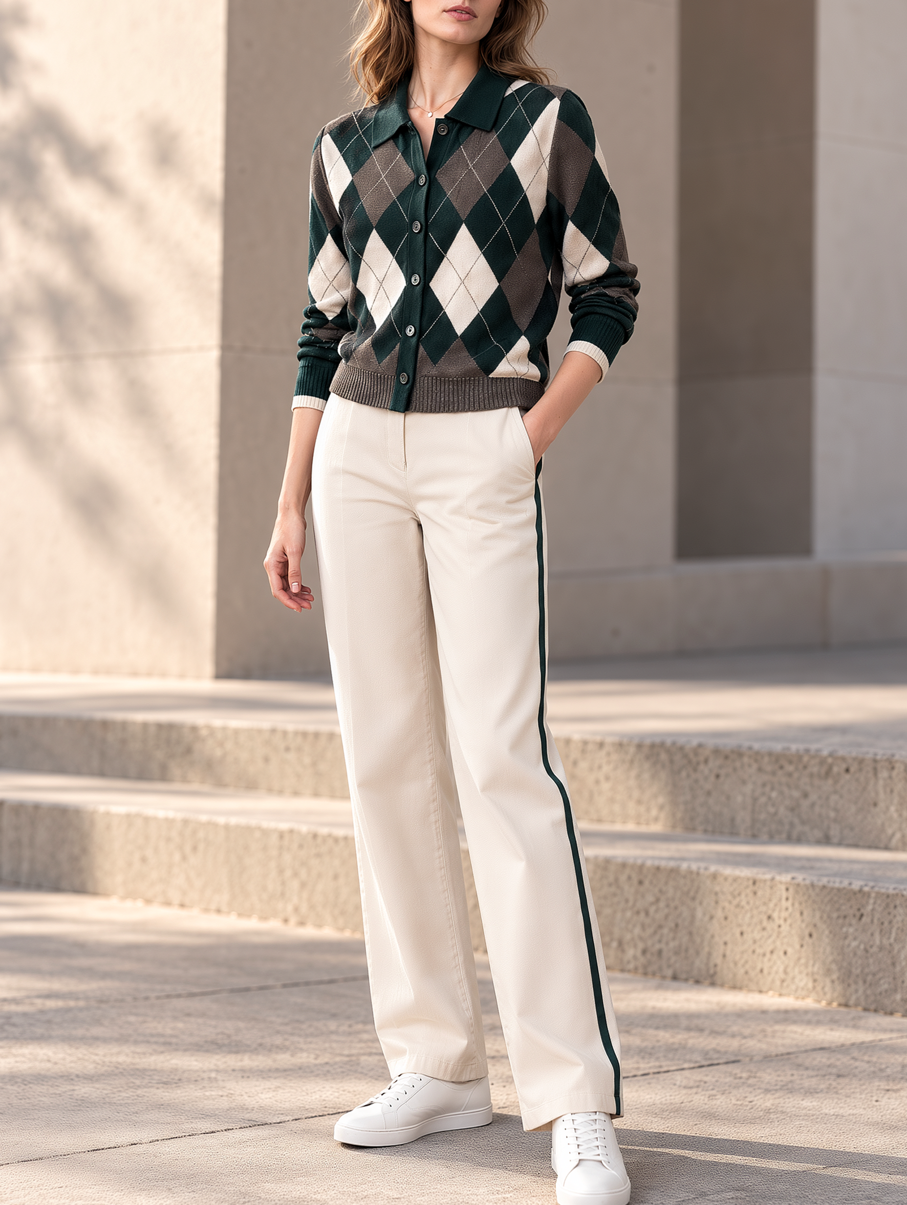 Retro Diamond-pattern Knit Cardigan And Off-white Wide-leg Trousers Set