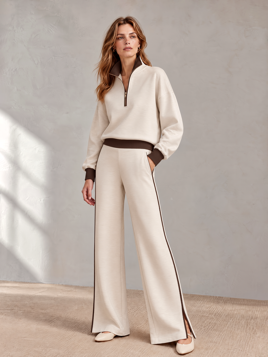 Beige Color-block Half-zip Sweatshirt And Split-leg Wide-leg Pants Set