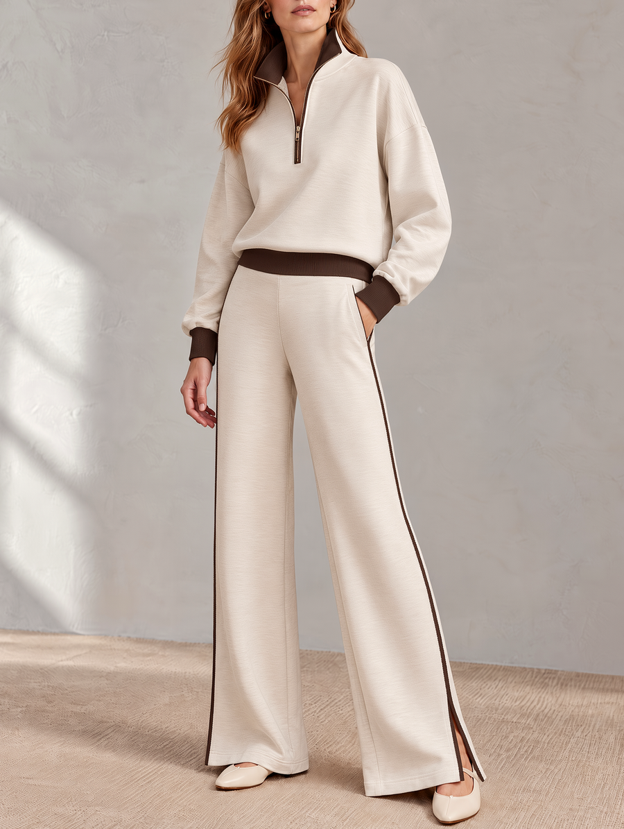 Beige Color-block Half-zip Sweatshirt And Split-leg Wide-leg Pants Set