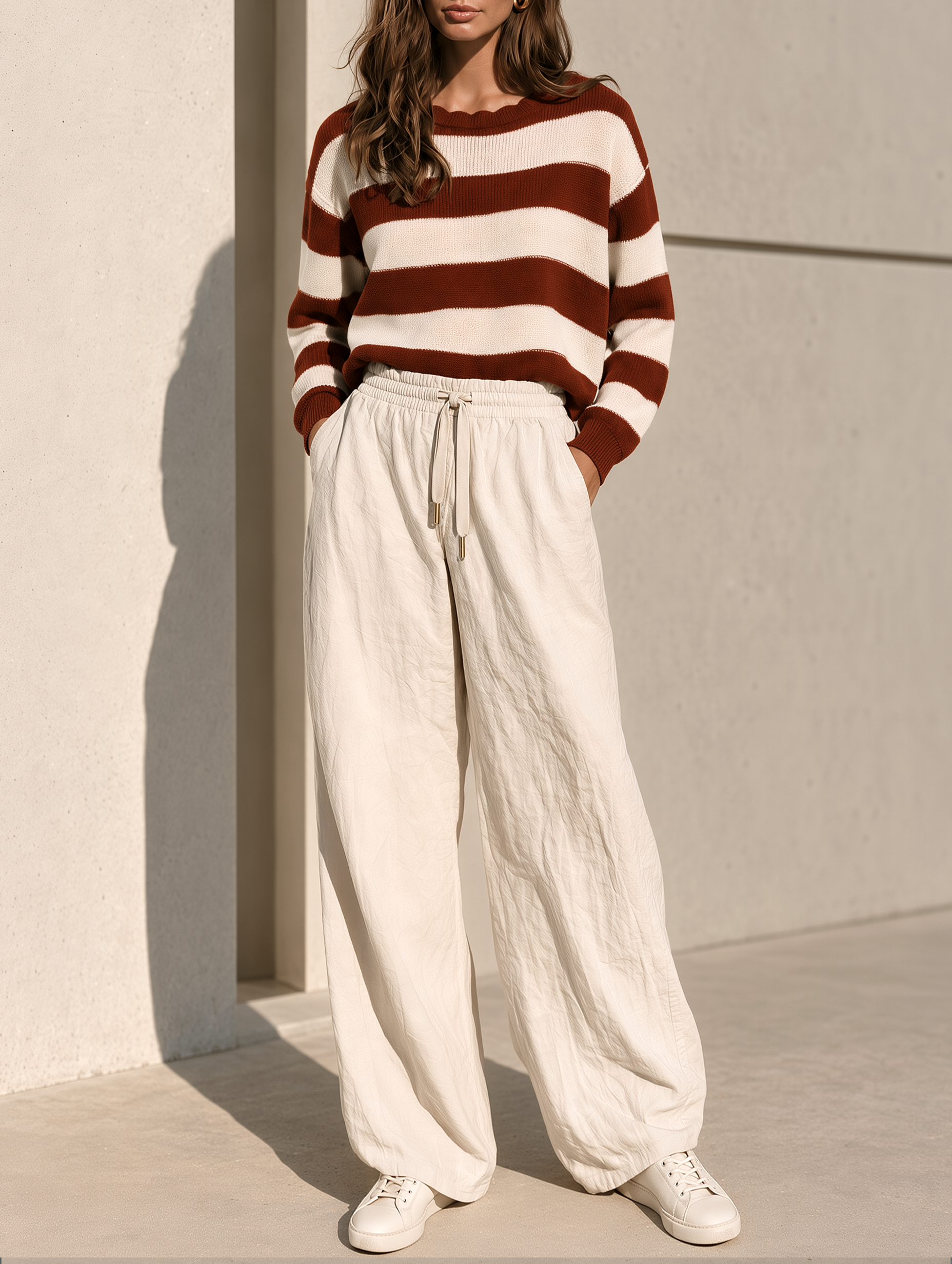 Dark Red Striped Sweater And Off-white Wide-leg Trousers Set