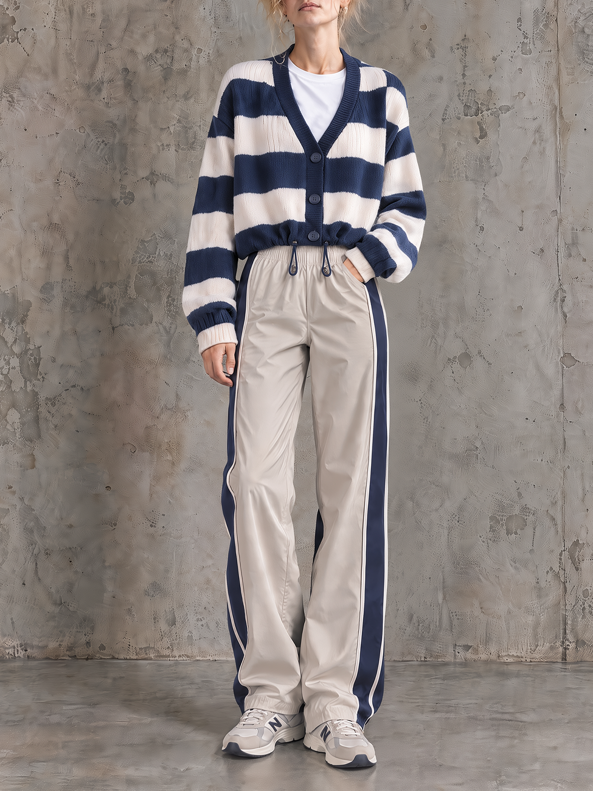 Navy Stripe Cardigan & Side-Stripe Wide-Leg Track Pants Set