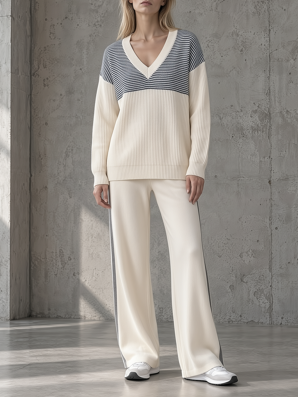 Ivory Striped-Yoke V-Neck Sweater & Wide-Leg Pants Set