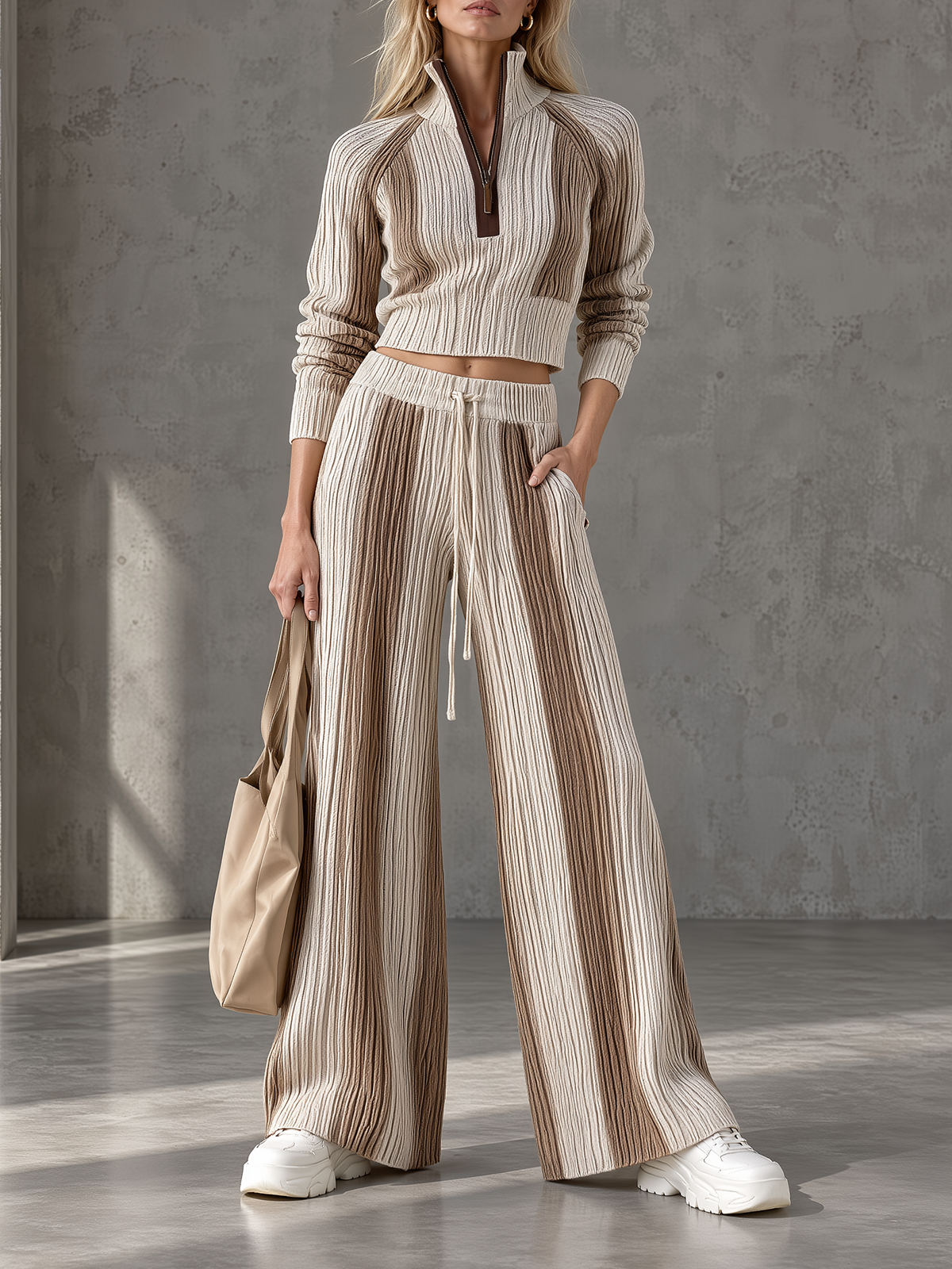 Beige Stripe Half-Zip Crop Knit Top & Wide-Leg Pants Set