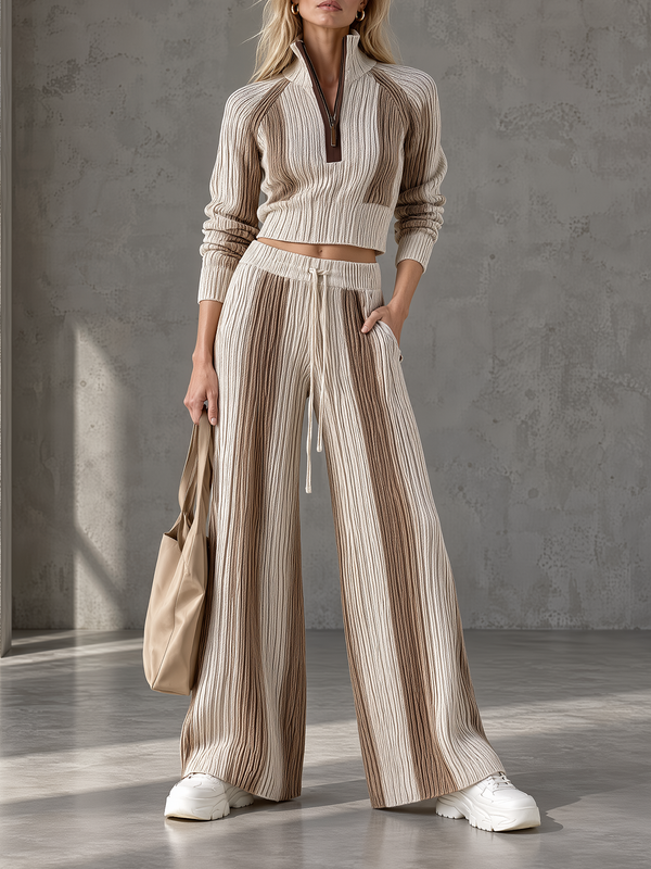 Beige Stripe Half-Zip Crop Knit Top & Wide-Leg Pants Set