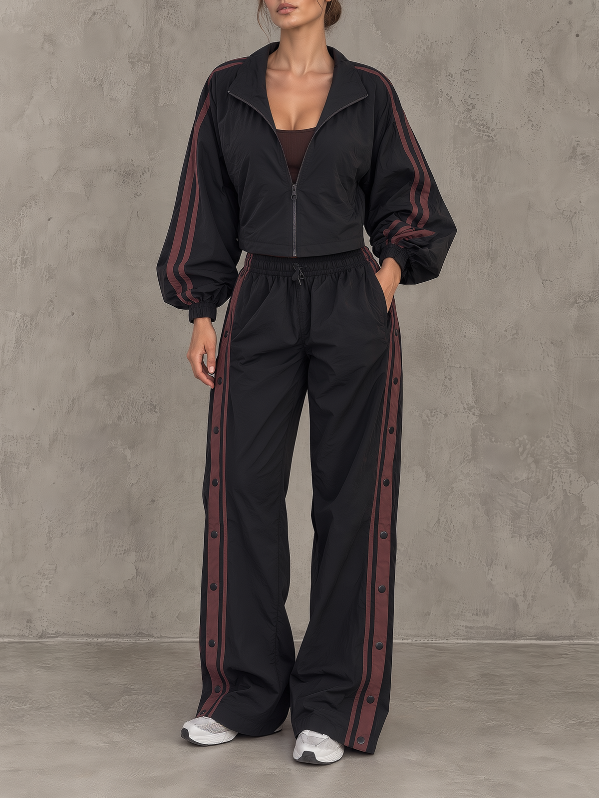 Black Contrast-Stripe Windbreaker And Snap-Side Wide-Leg Track Pants Set