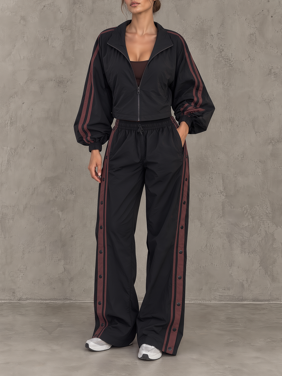 Black Contrast-Stripe Windbreaker And Snap-Side Wide-Leg Track Pants Set