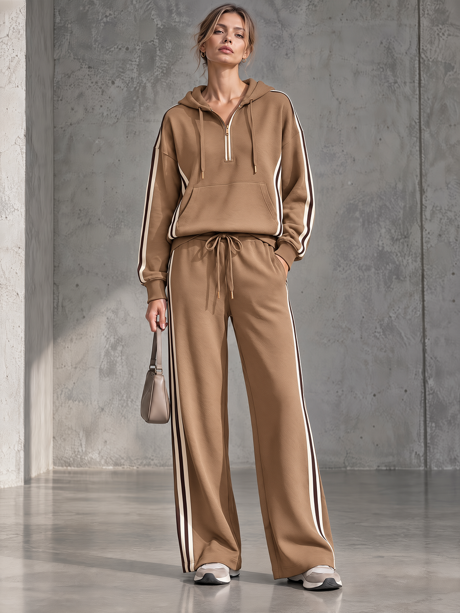 Camel Side-Stripe Quarter-Zip Hoodie And Wide-Leg Joggers Set