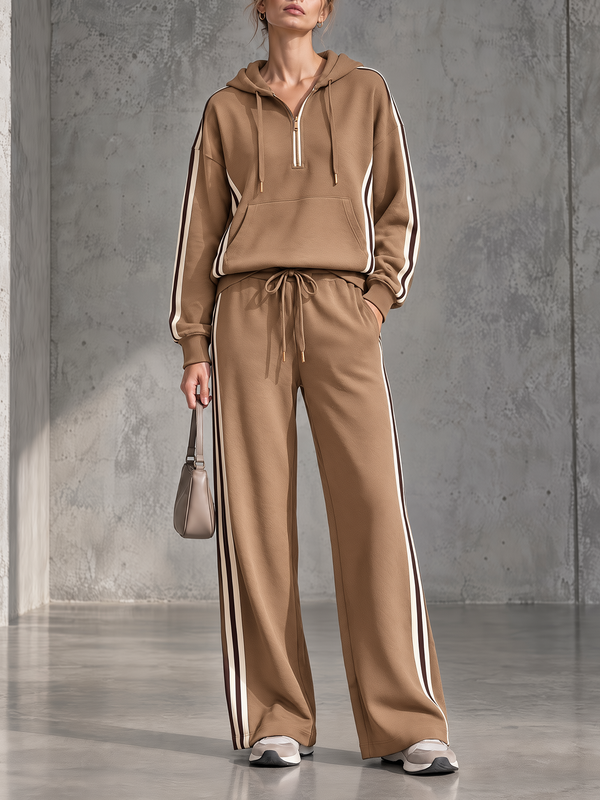 Camel Side-Stripe Quarter-Zip Hoodie And Wide-Leg Joggers Set