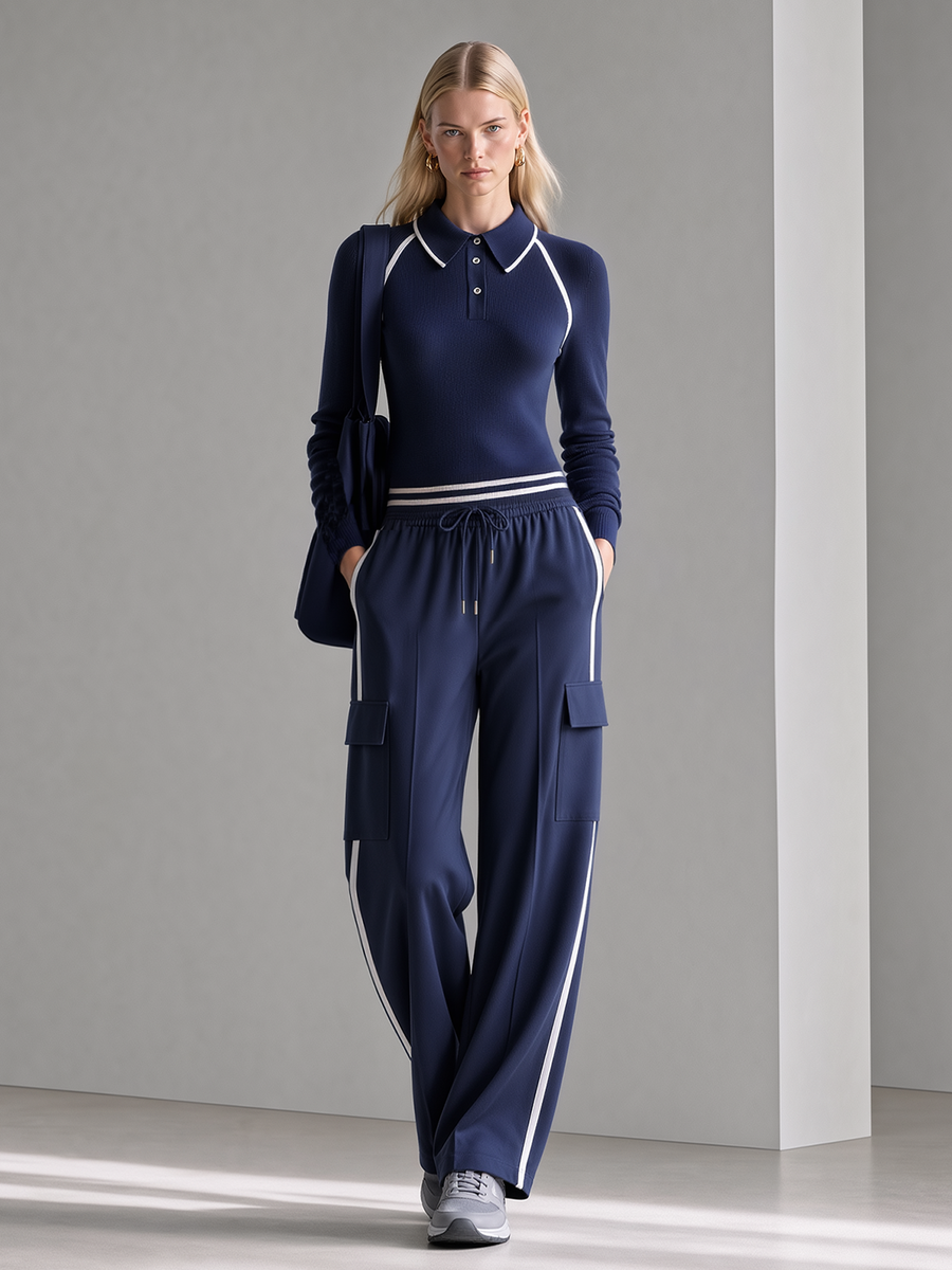 Navy Blue Color-block Slim-fit Knitted Polo Top And Wide-leg Utility Trousers Set