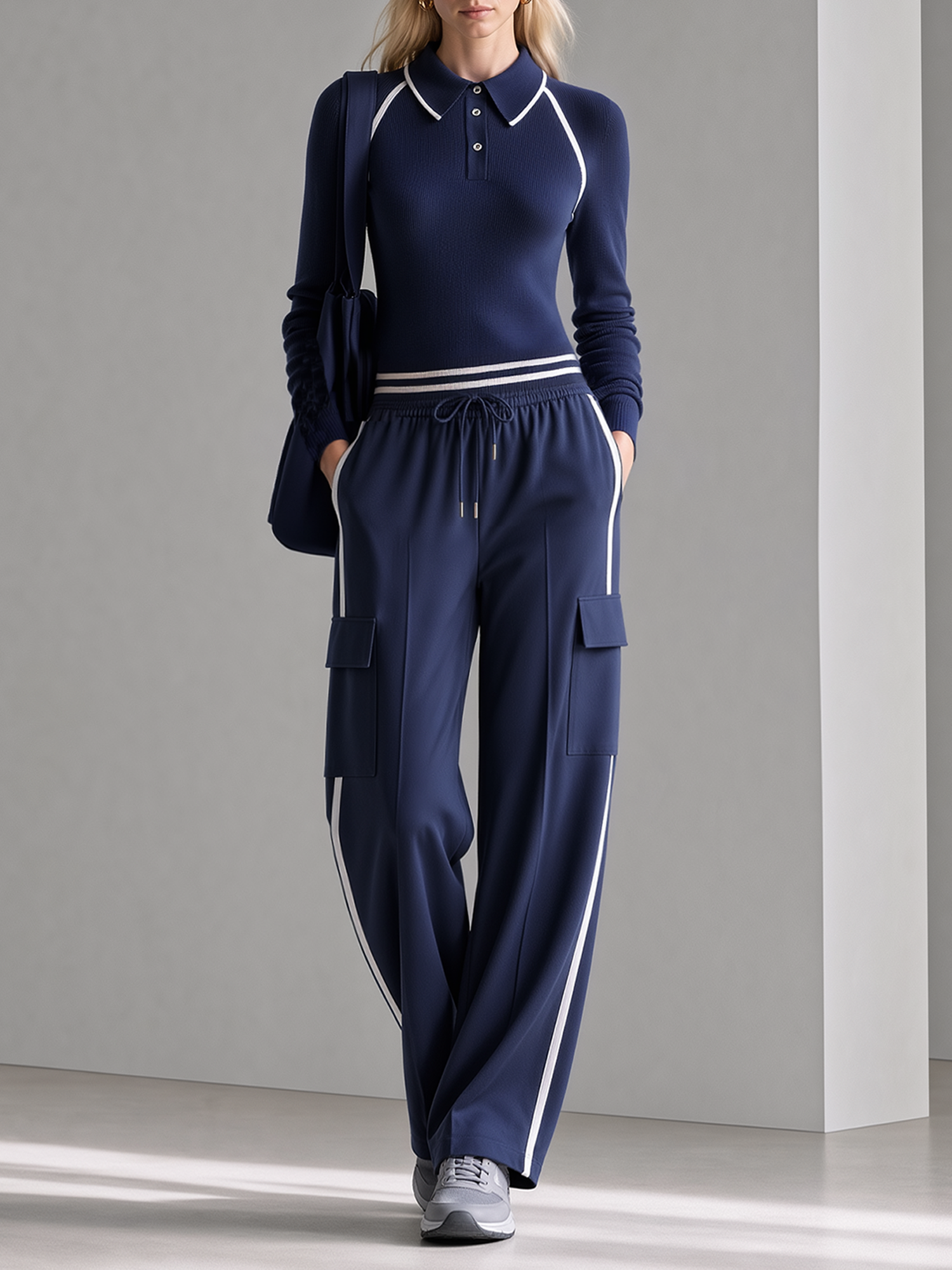 Navy Blue Color-block Slim-fit Knitted Polo Top And Wide-leg Utility Trousers Set
