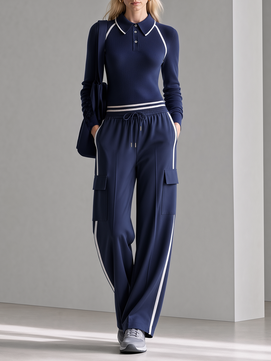 Navy Blue Color-block Slim-fit Knitted Polo Top And Wide-leg Utility Trousers Set