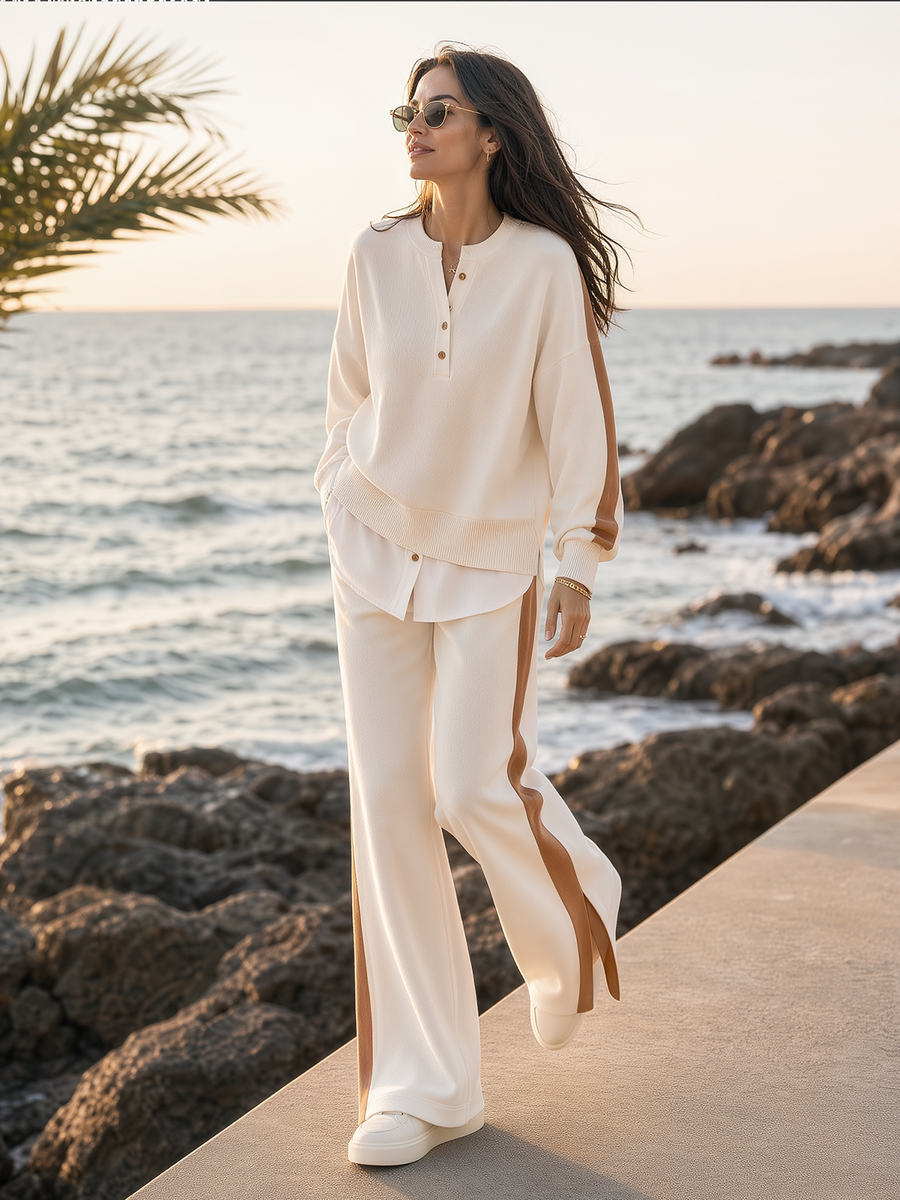 Off-white Color Block Fake Two-piece Sweatshirt With Side Split Wide-Leg Pants Set