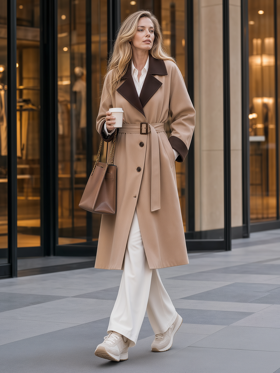 Khaki Long Casual Trench Coat With Contrasting Collar And Tie-Waist