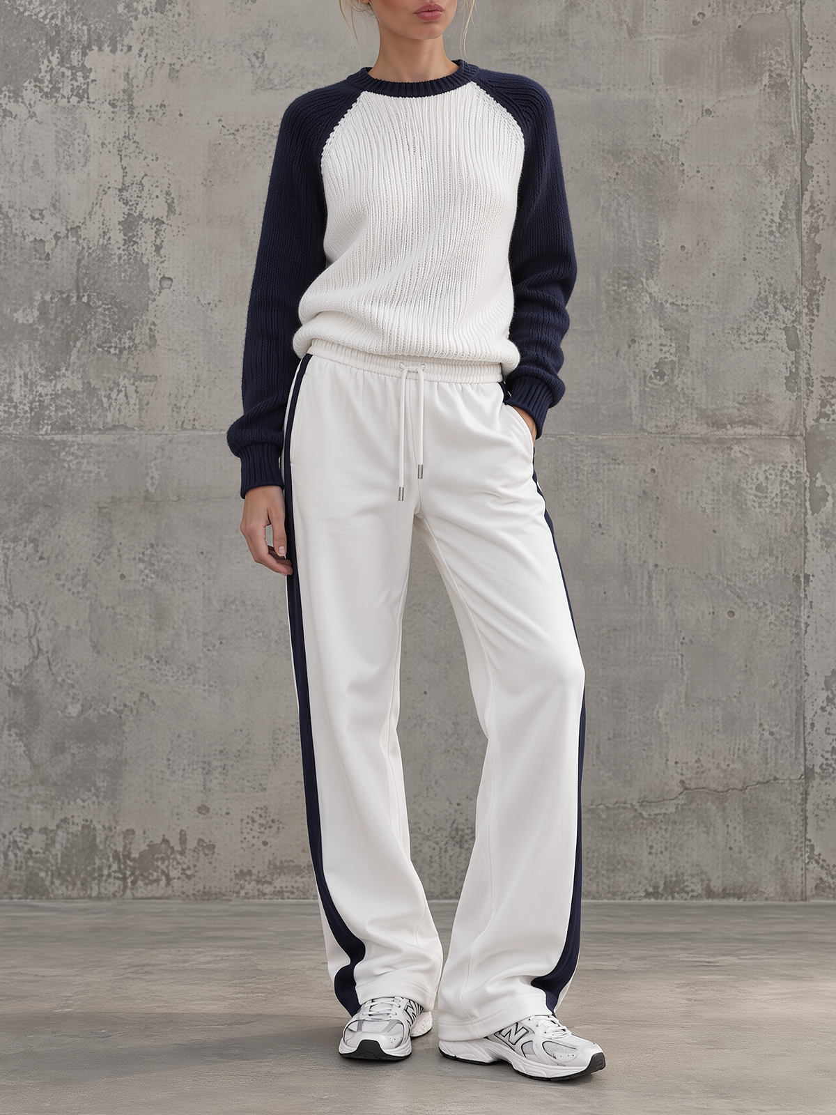 Ivory & Navy Color-block Raglan Knit Top And Track Pants Set