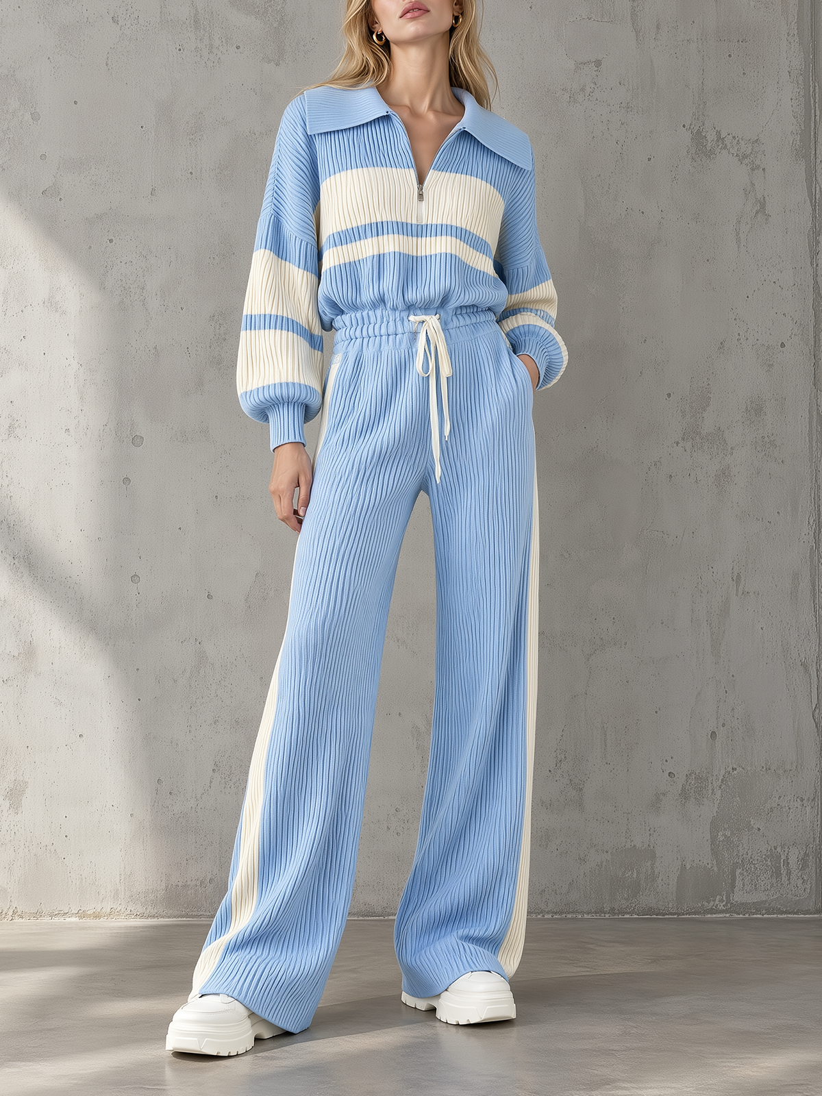 Light Blue Striped Half-zip Collared Knit Top And Wide-leg Pants Set