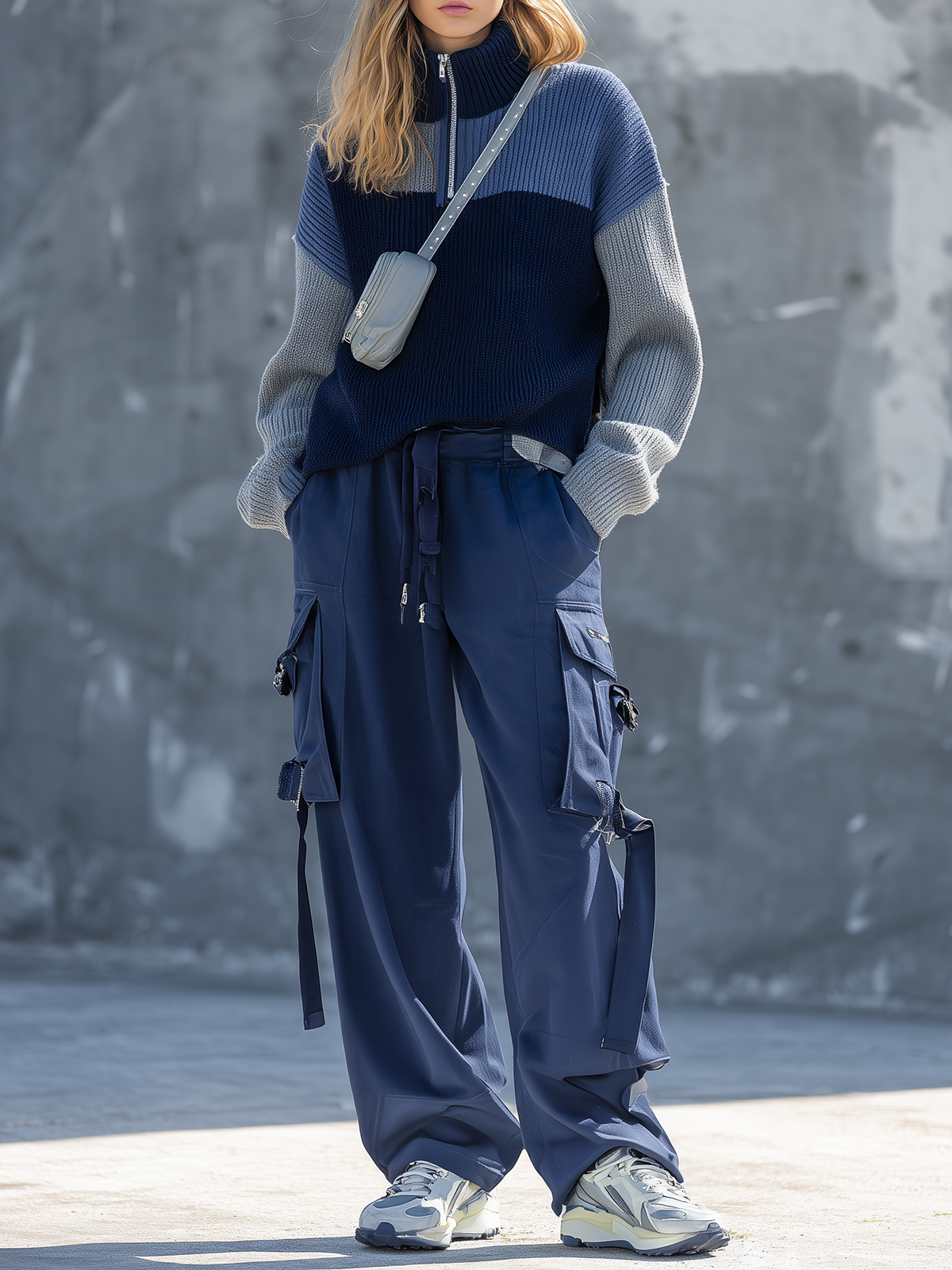 Navy Color-block Half-zip Knit Top And Cargo Pants Set