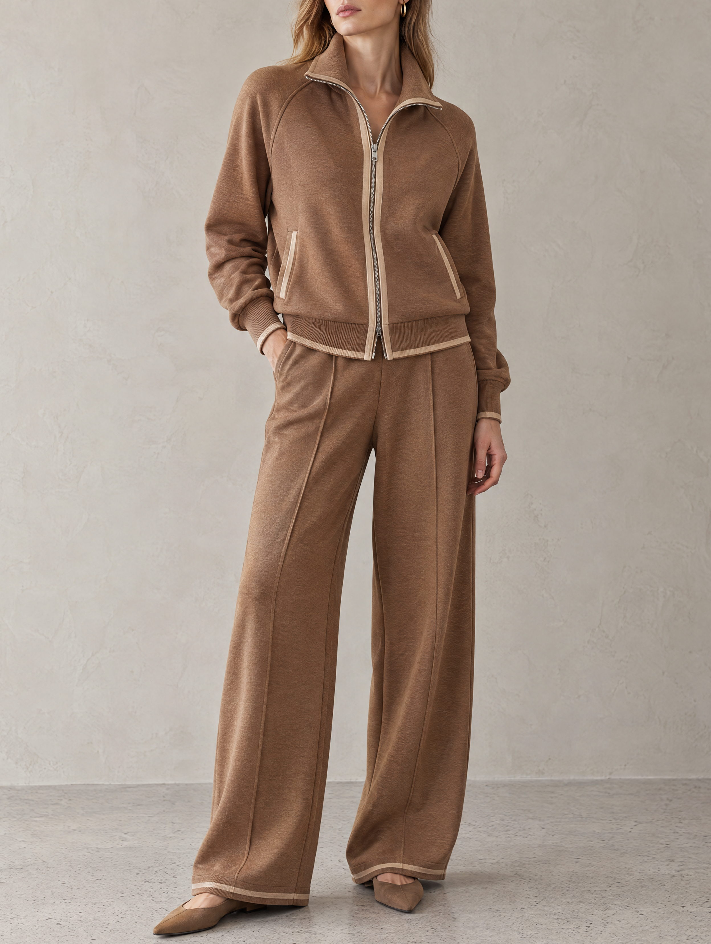 Contrast Trim Zip-Up Knit Jacket & Wide-Leg Pants Two-Piece Set