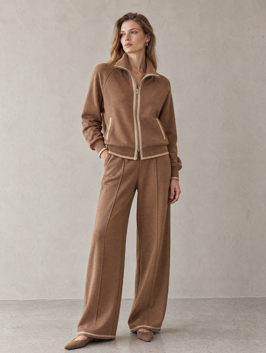 Contrast Trim Zip-Up Knit Jacket & Wide-Leg Pants Two-Piece Set