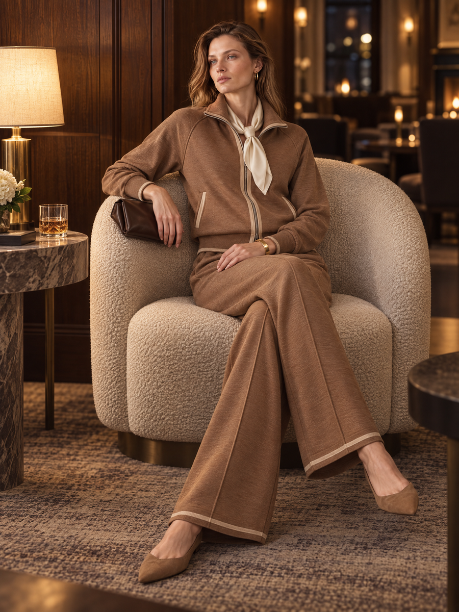 Contrast Trim Zip-Up Knit Jacket & Wide-Leg Pants Two-Piece Set