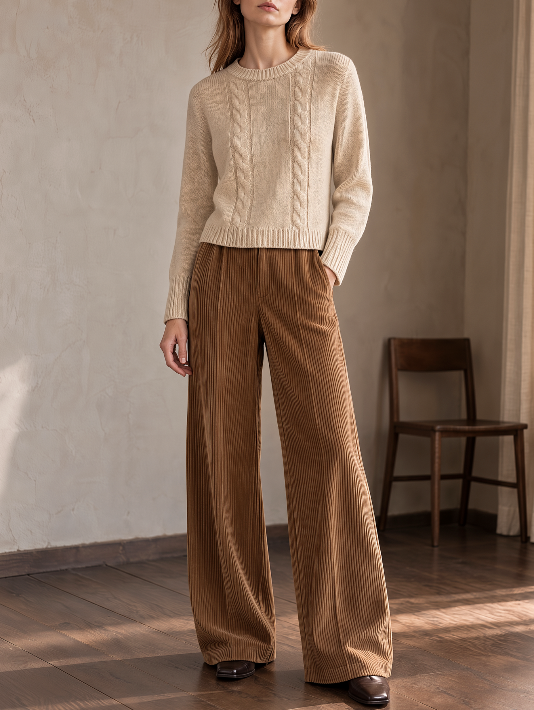 Light Beige Cable-knit Sweater And Caramel Corduroy Trousers Set