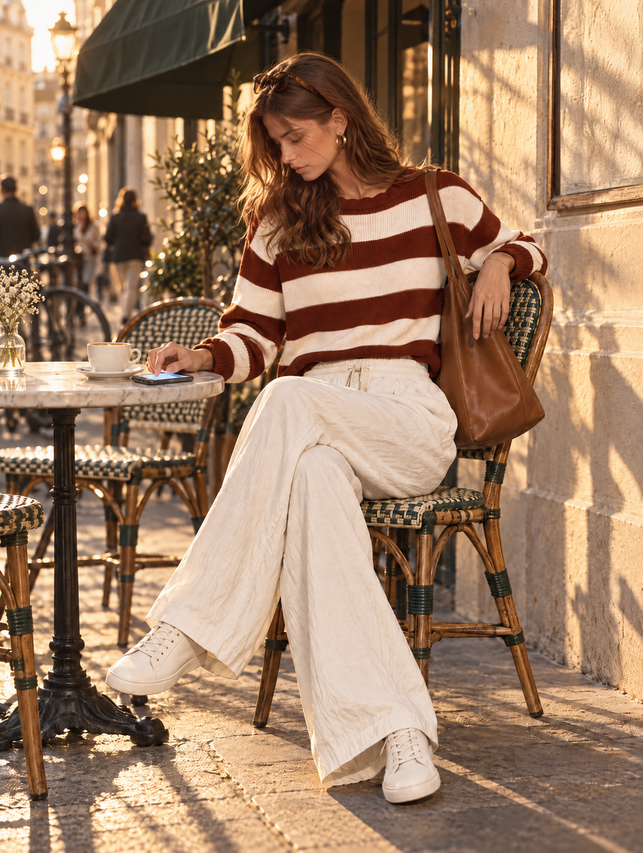Dark Red Striped Sweater And Off-white Wide-leg Trousers Set